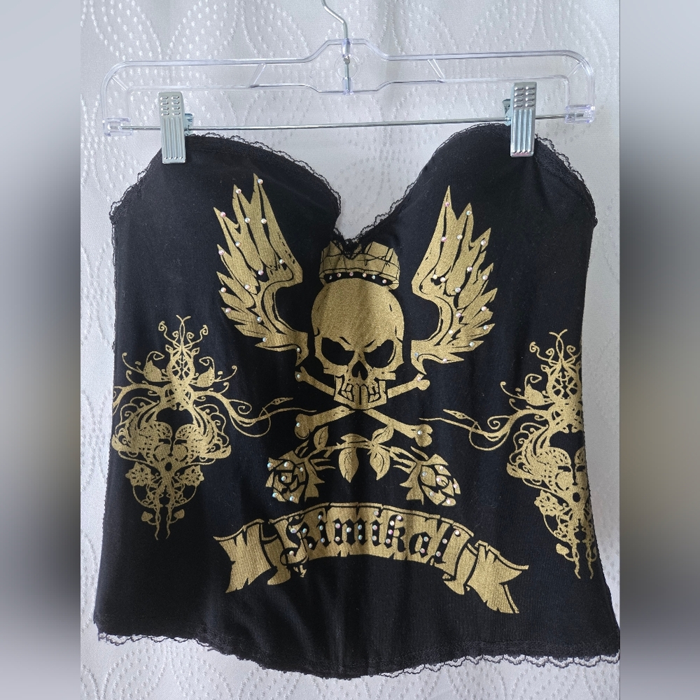 Y2K Goth Black Corset Tube Top – Gold Skull Detail, Plus Size